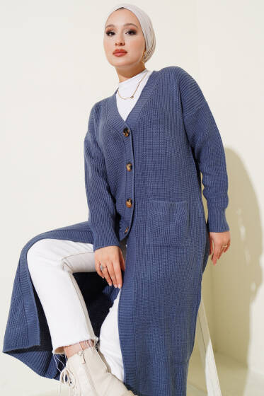 Düğmeli Cepli Uzun Triko Hırka İndigo - Hırka