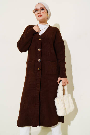 Düğmeli Cepli Uzun Triko Hırka Kahve - Hırka