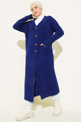 Düğmeli Cepli Uzun Triko Hırka Lacivert 