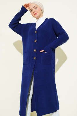 Düğmeli Cepli Uzun Triko Hırka Lacivert - Hırka