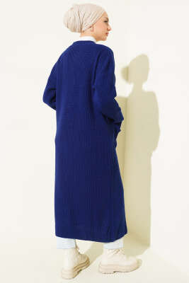 Düğmeli Cepli Uzun Triko Hırka Lacivert - Hırka