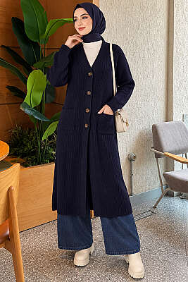 Düğmeli Cepli Uzun Triko Hırka Lacivert 