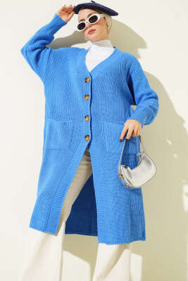 Düğmeli Cepli Uzun Triko Hırka Mavi 