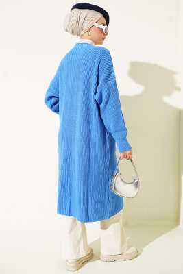 Düğmeli Cepli Uzun Triko Hırka Mavi - Hırka