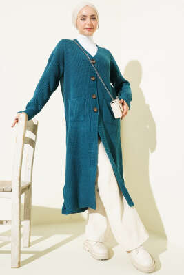 Düğmeli Cepli Uzun Triko Hırka Petrol - Hırka