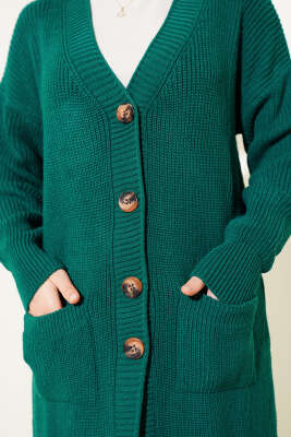 Düğmeli Cepli Uzun Triko Hırka Zümrüt - Hırka