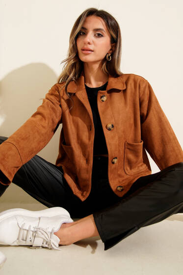 Düğmeli Çift Cepli Süet Ceket Taba - Kadın Giyim Modelleri