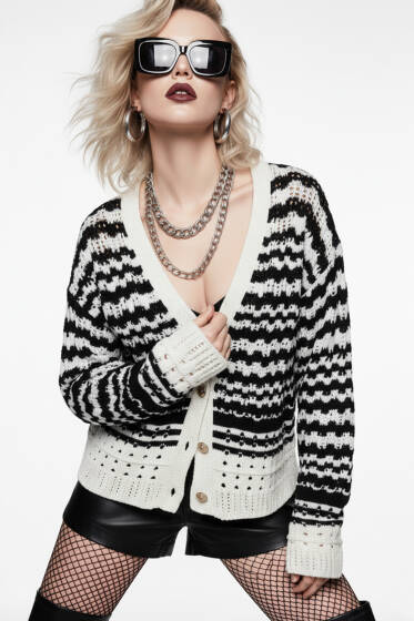 Düğmeli Çizgi Detaylı Triko Hırka Bej - Kadın Giyim Modelleri