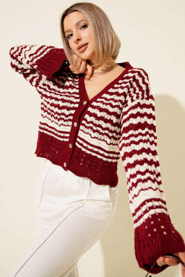 Düğmeli Çizgi Detaylı Triko Hırka Bordo - HELLIE