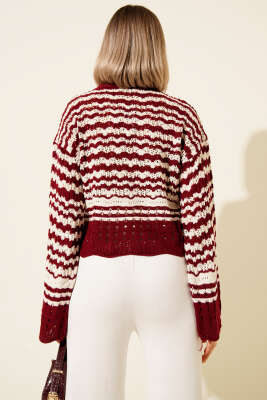 Düğmeli Çizgi Detaylı Triko Hırka Bordo - Kadın Giyim Modelleri