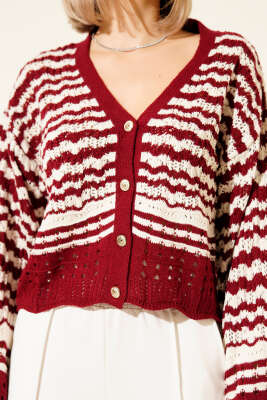 Düğmeli Çizgi Detaylı Triko Hırka Bordo - Kadın Giyim Modelleri