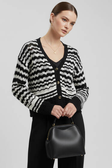 Düğmeli Çizgi Detaylı Triko Hırka Siyah - Kadın Giyim Modelleri