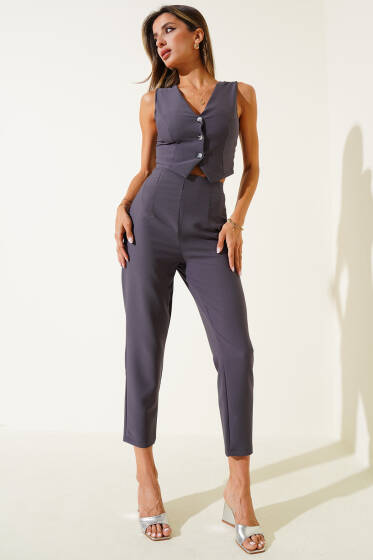 Düğmeli Crop Yelekli Basic İkili Takım Füme - Kadın Giyim Modelleri