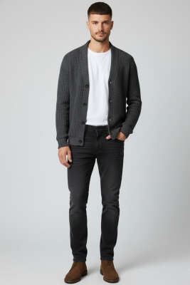 Düğmeli Dar Paça Likralı Erkek Kot Pantolon Füme - Erkek Pantolon