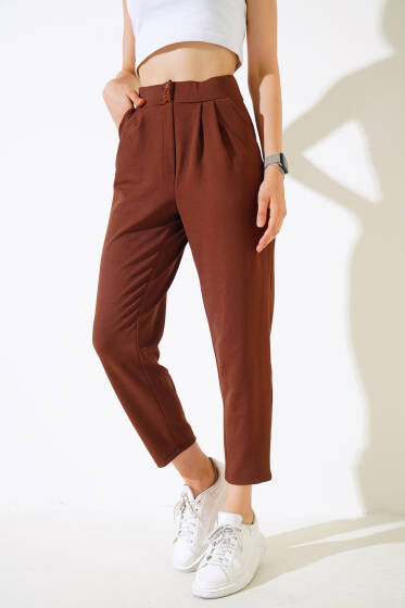 Düğmeli Dar Paça Pantolon Kestane - Kadın Giyim Modelleri