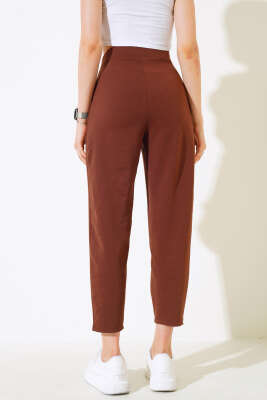 Düğmeli Dar Paça Pantolon Kestane - Kadın Giyim Modelleri
