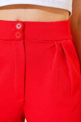 Düğmeli Dar Paça Pantolon Kırmızı - Kadın Giyim Modelleri
