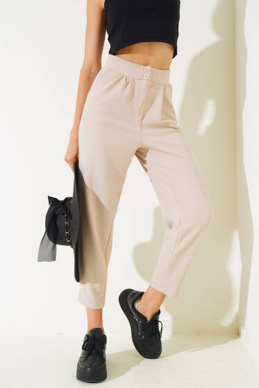 Düğmeli Dar Paça Pantolon Taş - Kadın Giyim Modelleri