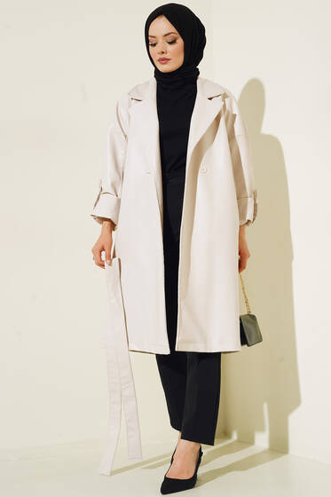 Düğmeli Deri Trençkot Taş - Trençkot