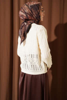 Düğmeli Desenli Ajur Kısa Hırka Bej - Hırka