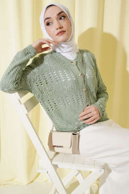 Düğmeli Desenli Ajur Kısa Hırka Mint - VANİZA TRİKO