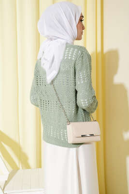 Düğmeli Desenli Ajur Kısa Hırka Mint - Hırka