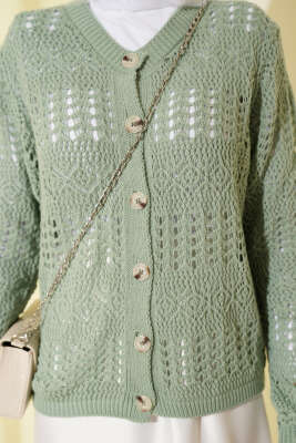 Düğmeli Desenli Ajur Kısa Hırka Mint - Hırka