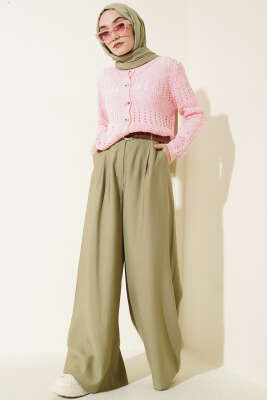 Düğmeli Desenli Ajur Kısa Hırka Pembe - Hırka