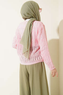 Düğmeli Desenli Ajur Kısa Hırka Pembe - Hırka