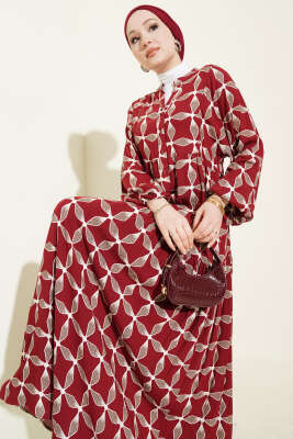 Düğmeli Desenli Bilek Lastikli Elbise Bordo - BIGDART