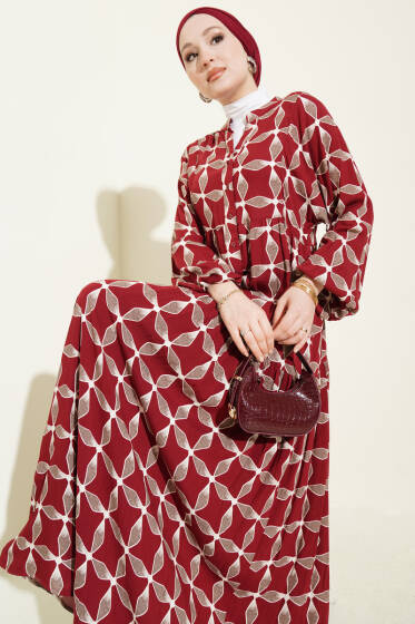 Düğmeli Desenli Bilek Lastikli Elbise Bordo - Elbise