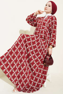 Düğmeli Desenli Bilek Lastikli Elbise Bordo - Elbise