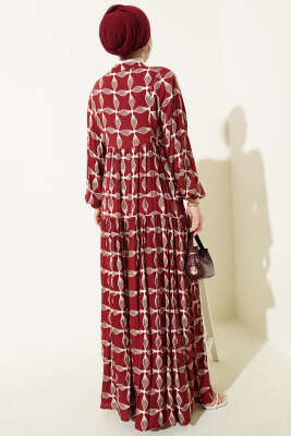 Düğmeli Desenli Bilek Lastikli Elbise Bordo - Elbise