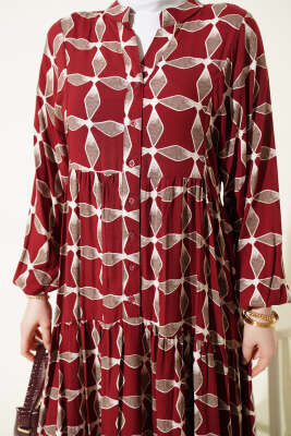 Düğmeli Desenli Bilek Lastikli Elbise Bordo - Elbise