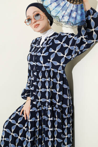 Düğmeli Desenli Bilek Lastikli Elbise Lacivert - Elbise