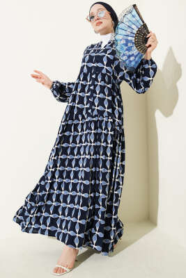 Düğmeli Desenli Bilek Lastikli Elbise Lacivert - Elbise