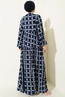 Düğmeli Desenli Bilek Lastikli Elbise Lacivert - Elbise