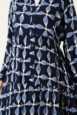 Düğmeli Desenli Bilek Lastikli Elbise Lacivert - Elbise