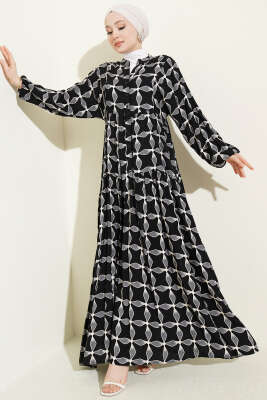 Düğmeli Desenli Bilek Lastikli Elbise Siyah - BIGDART