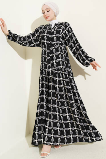 Düğmeli Desenli Bilek Lastikli Elbise Siyah - Elbise