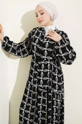 Düğmeli Desenli Bilek Lastikli Elbise Siyah - Elbise