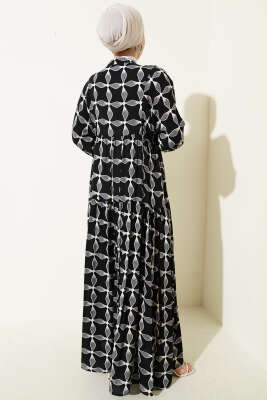 Düğmeli Desenli Bilek Lastikli Elbise Siyah - Elbise