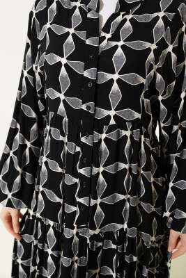 Düğmeli Desenli Bilek Lastikli Elbise Siyah - Elbise