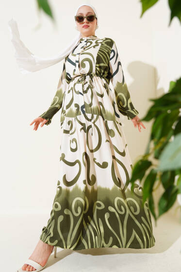 Düğmeli Desenli İp Kuşaklı Elbise Haki - Elbise