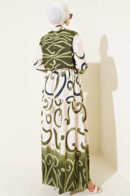 Düğmeli Desenli İp Kuşaklı Elbise Haki - Tesettür Elbise