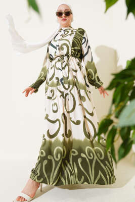 Düğmeli Desenli İp Kuşaklı Elbise Haki 