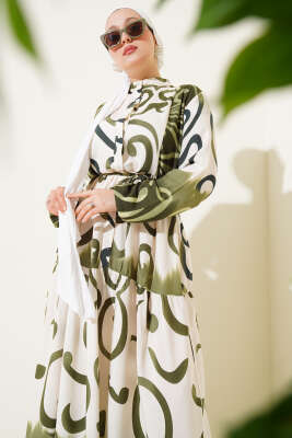 Düğmeli Desenli İp Kuşaklı Elbise Haki - Tesettür Elbise