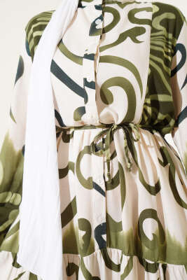 Düğmeli Desenli İp Kuşaklı Elbise Haki - Tesettür Elbise