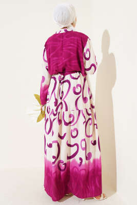 Düğmeli Desenli İp Kuşaklı Elbise Mor - Tesettür Elbise