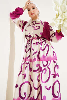 Düğmeli Desenli İp Kuşaklı Elbise Mor - Tesettür Elbise